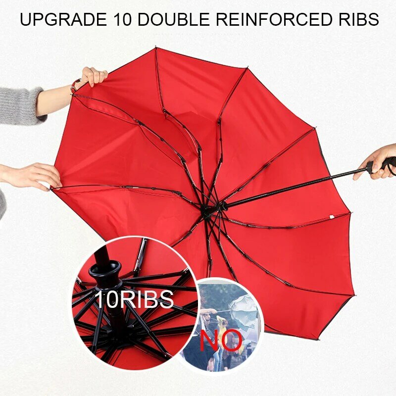 10K Double Layer Windproof ร่มอัตโนมัติชายชายสามพับร่ม Rain Sun ขนาดใหญ่ทนทานกรอบ Parasol