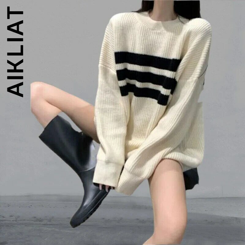 Aikliat Fashion O Neck sweter z dzianiny damskie ciepły prosty damski sweter 2022 Harajuku stylowy Top kobiety miękkie koreańskie bluzki damskie