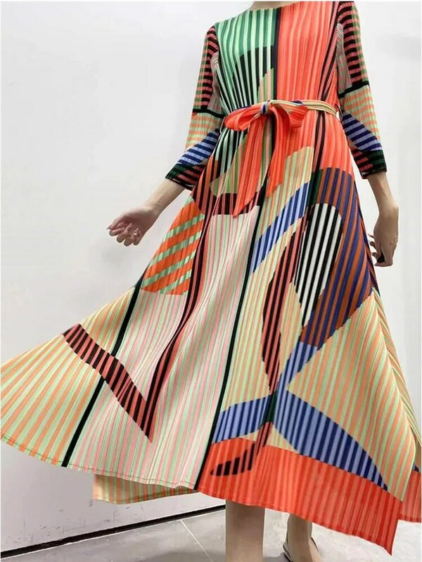Miyake plissado 2022 nova primavera verão cinto vestido coreano moda designer francês elegante vestidos longos roupas étnicas