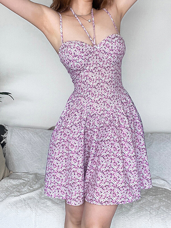 Mini vestido estampado floral sem mangas de espaguete feminino, férias fofas, verão