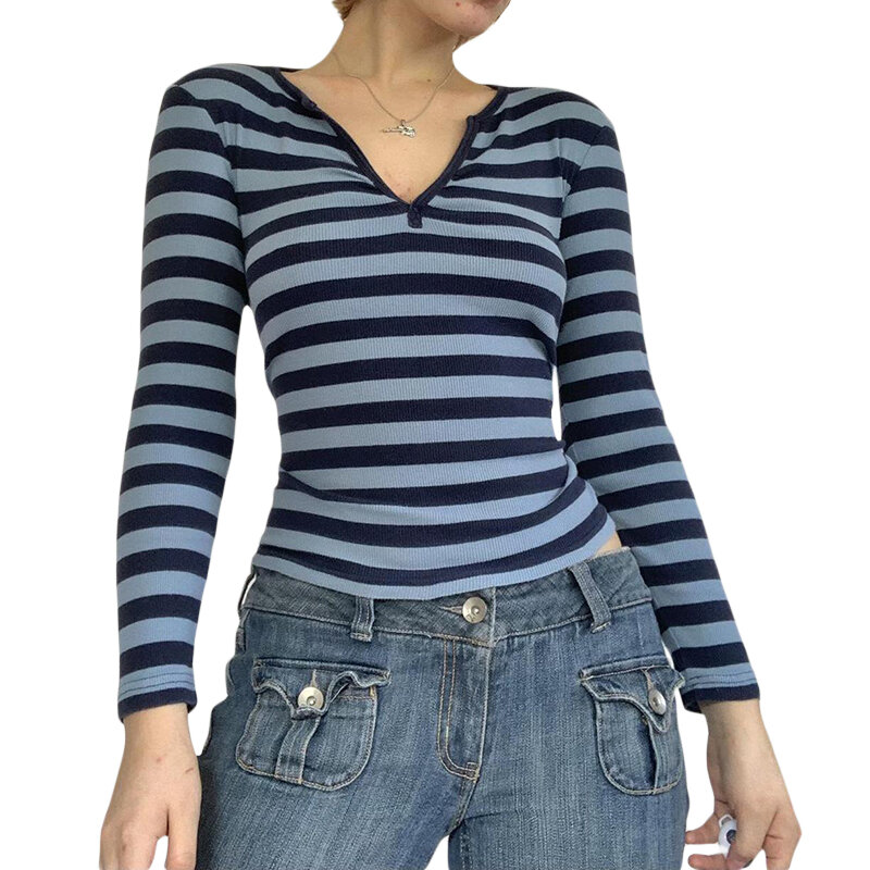 Y2k kobiety z długim rękawem topy Slim moda na co dzień w paski koszulka z nadrukiem szczupły Streetwear jesień V Neck Tee bluzy