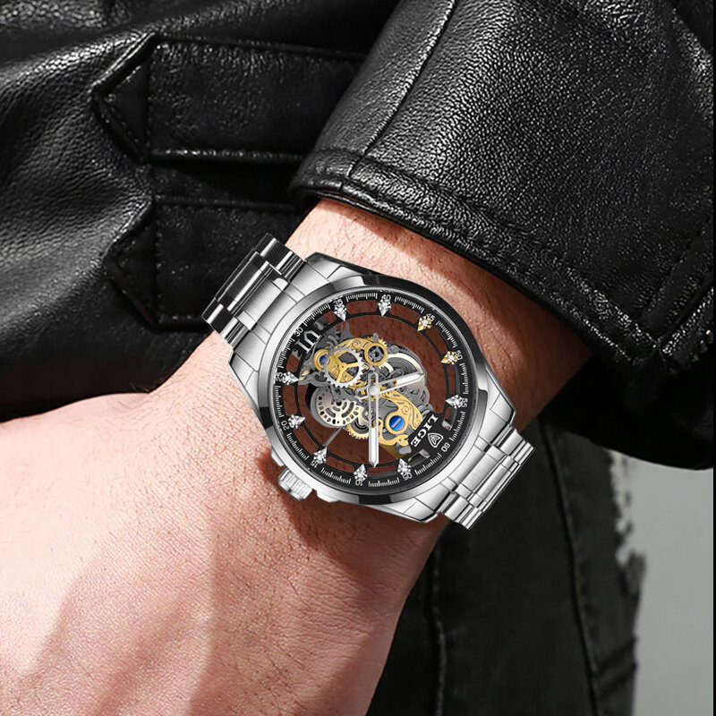 LIGE jam tangan bisnis pria, arloji kerangka berongga Quartz Stainless Steel untuk lelaki