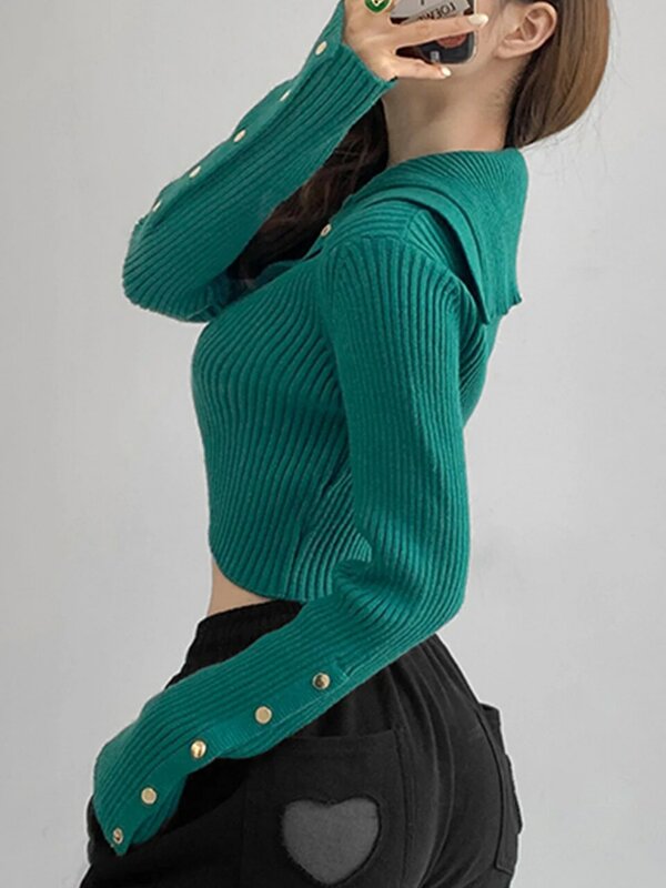 Maglioni Sexy Vintage Y2k Top Thread Pit Knit t-shirt da donna Streetwear tinta unita maglione a maniche lunghe vestiti di moda coreani
