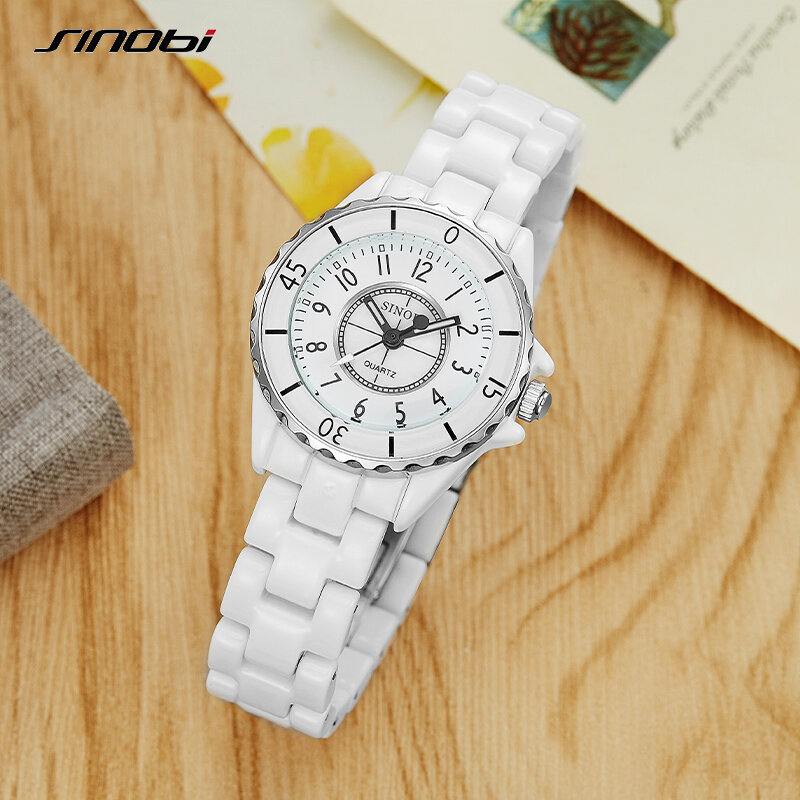 Высококачественные Женские часы SINOBI, модные роскошные кварцевые наручные часы с керамическим верхом, повседневные новые женские часы, женс...