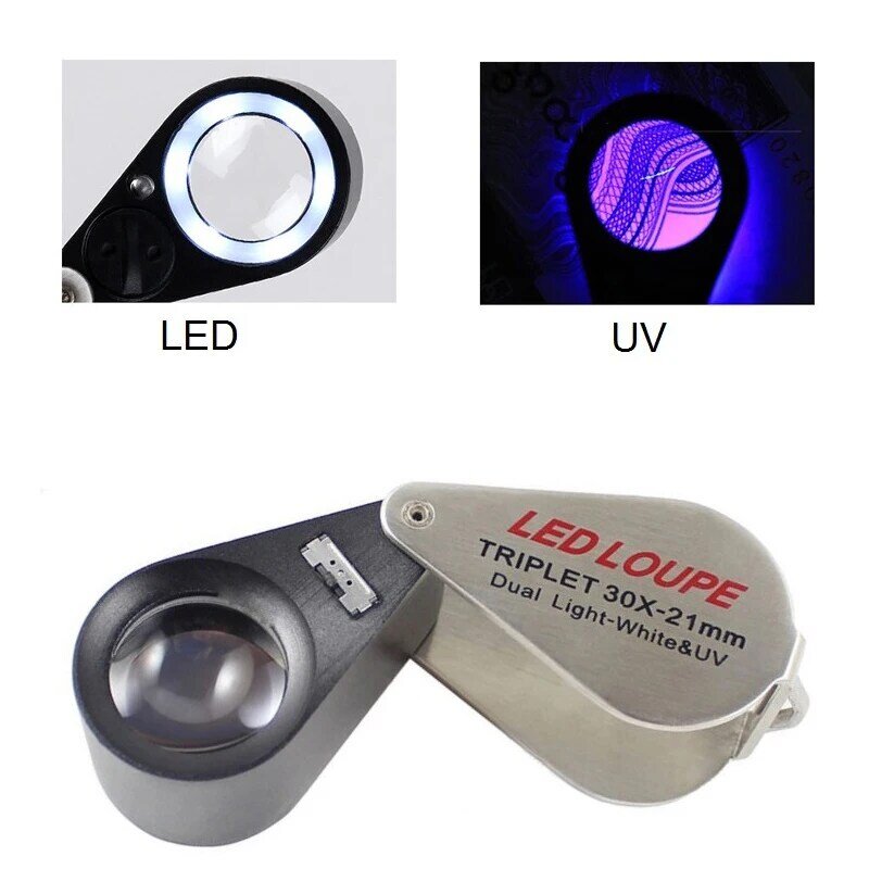 Lupa de joyería de doble luz blanca UV, gafas de aumento iluminadas con LED, lentes de cristal óptico, herramientas de moneda de Jade de diamante