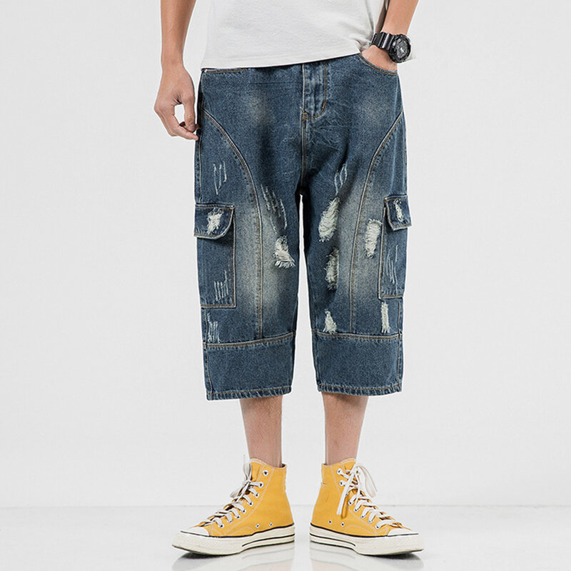 Pantalones Capri de mezclilla Retro para hombre, pantalones cortos informales de gran tamaño, diseño rasgado lavado, novedad de verano