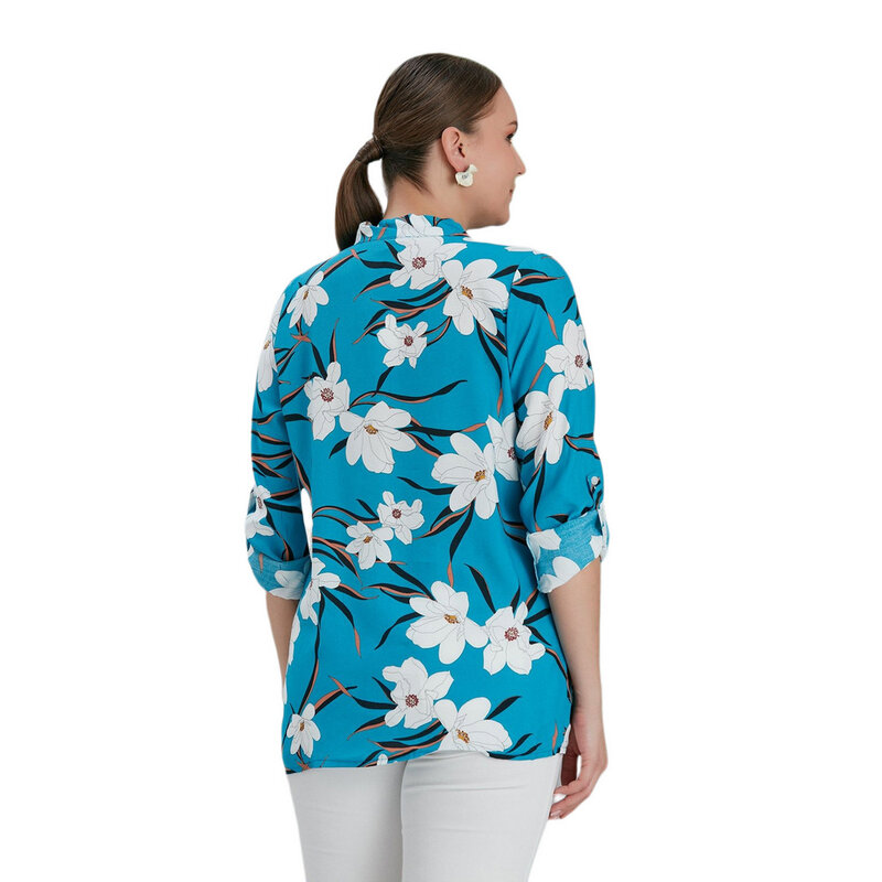 Fcuffy women large size blouse Rg4621 binding collar folding long sleeve flower pattern turquoise