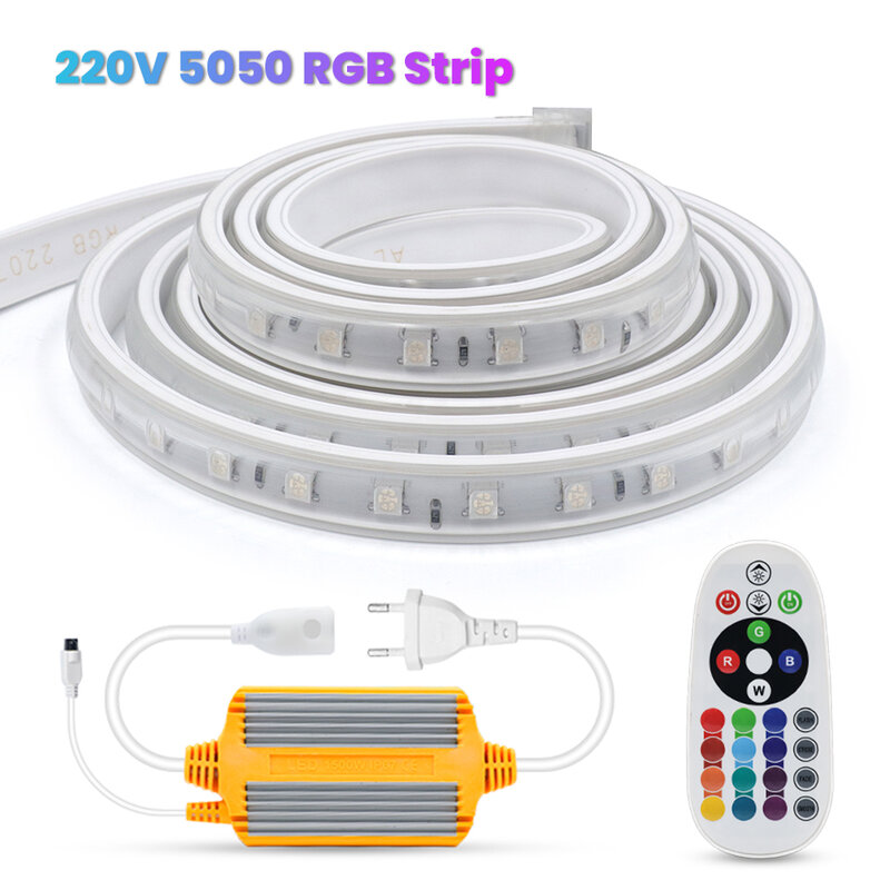 Tira de luces LED RGB de 220V y 5050 con Control remoto, cinta LED Flexible de 60Leds/m, cinta LED impermeable para exteriores, para decoración del hogar