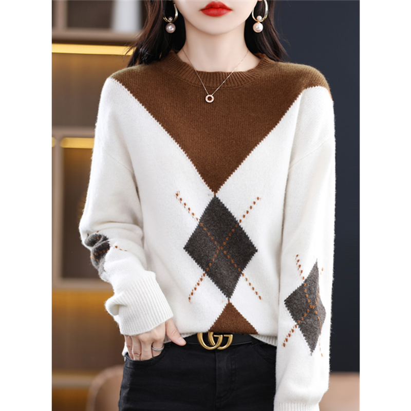 니트웨어 여성 가을 겨울 패션 새로운 라운드 넥 100% 울 풀오버 스웨터, 레트로 따뜻한 루즈한 컬러 매칭 프렌치 탑