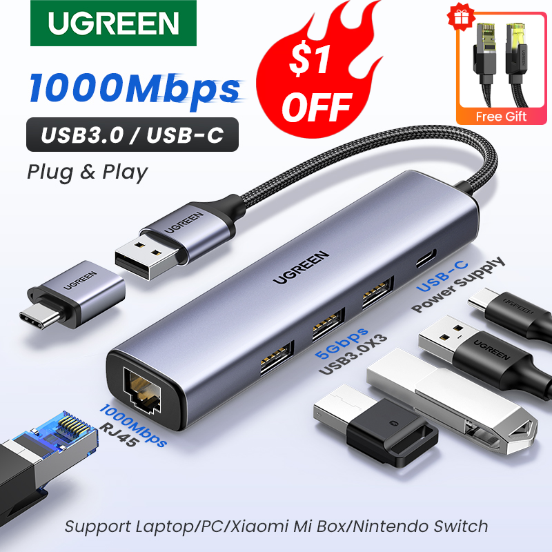 UGREEN USB Ethernet Adapter 1000/100Mbps USB 3,0 HUB RJ45 Lan für Laptop PC Xiaomi Mi Box Macbook windows USB-C HUB Netzwerk Karte