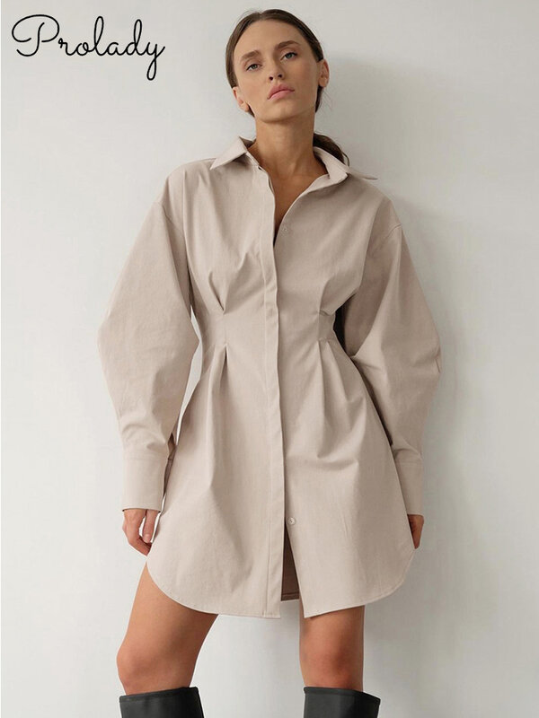 Robe Chemise Femmes Automne Robe solide à manches longues robe décontractée Mini Bureau Robe