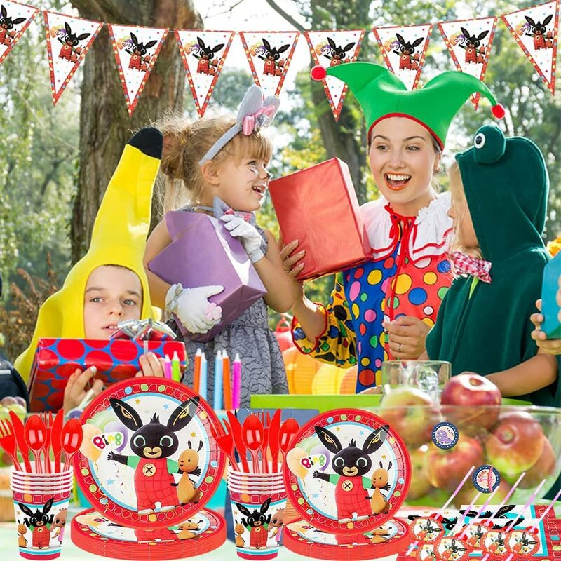 Красные Мультяшные принадлежности для вечерние Bing-rabbit, бумажные салфетки, скатерть, чашки, тарелки, Бало-Комиксы, украшение на день рождения...