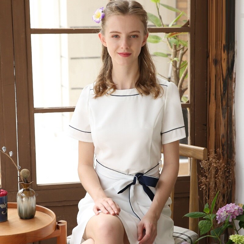 2023 moda manga curta branco salão de beleza esteticista vestido coréia magro ajuste workwear feminino spa uniforme