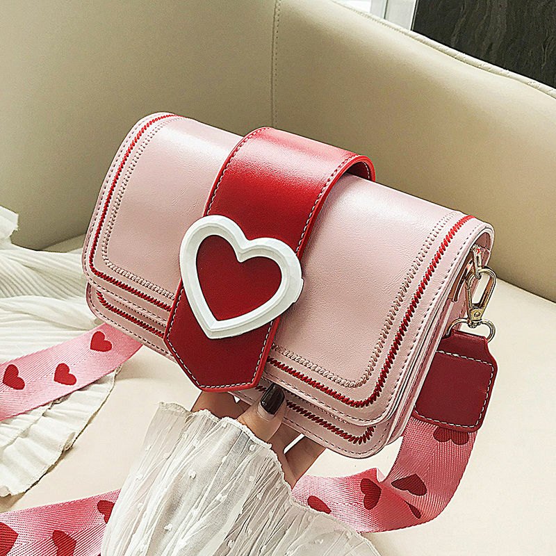 Bolso bandolera con forma de corazón de Corea para mujer, pequeña y bonita bandolera, monedero cuadrado de banda ancha, cartera