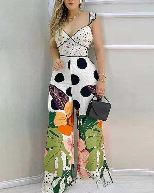 Sexy Sleeveless V-neck Low Cut Jumpsuits Printed Fashion Women's New Style Wide Leg Pants Jumpsuits High Waist Slim 2022 Summer