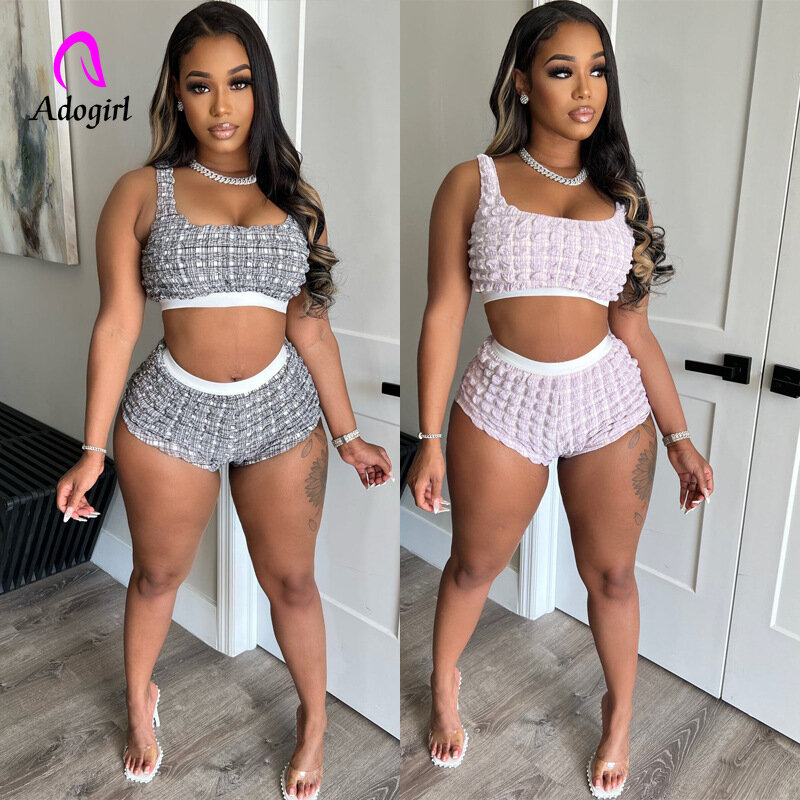 Fitness Women 2 Piece Set Waffle Texture Sleeveless Crop Tank Top Cycling Shorts Matching Set Sexy Night Club Party Tracksuit