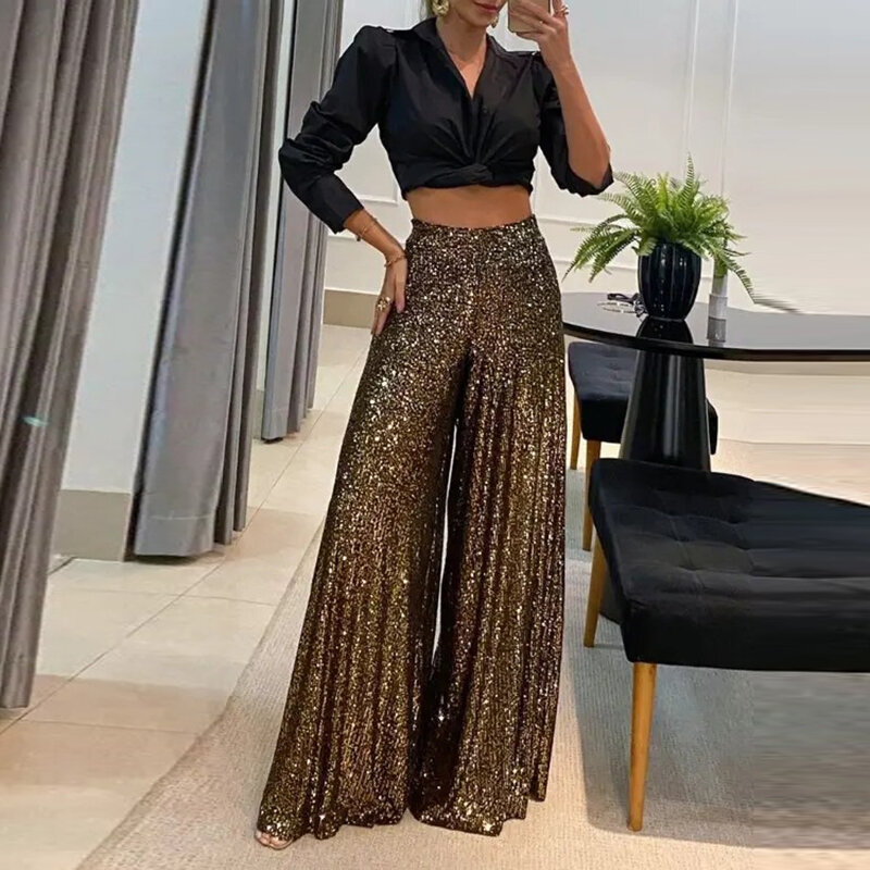 Women Sexy Sequins Shiny Party Pants Autumn New Casual Wide Leg Hem Pleated Trousers Ladies Fashion High Waist Office Sweatpants