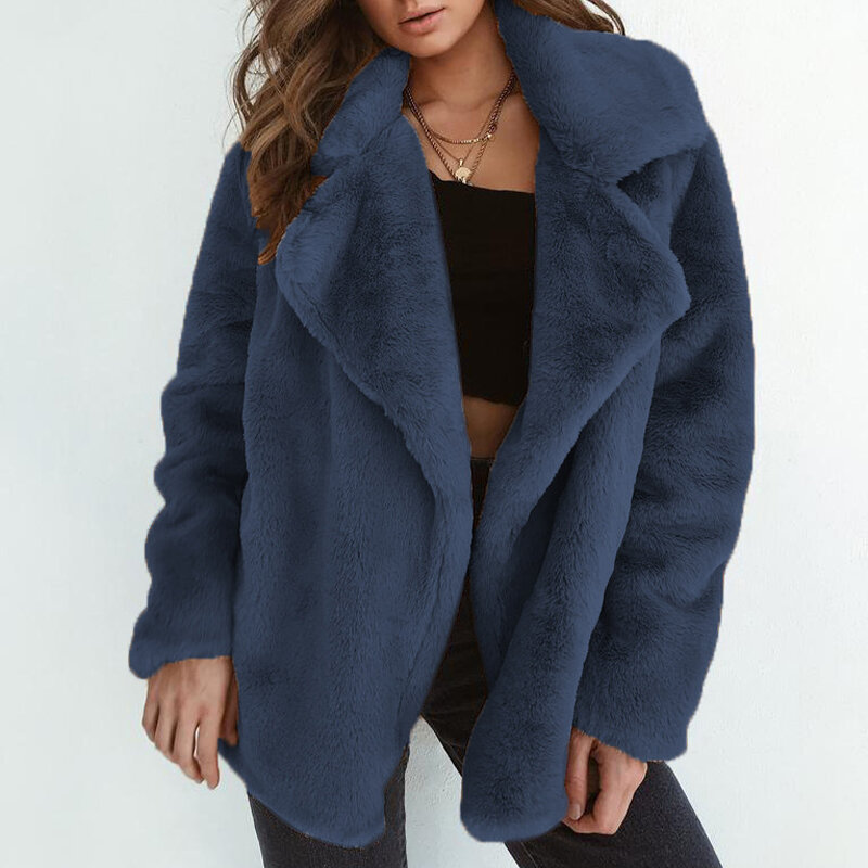 Mantel Bulu Palsu Musim Dingin untuk Wanita Mode Kasual Jaket Lengan Panjang Longgar Kerah Mantel Wanita Tebal Hangat