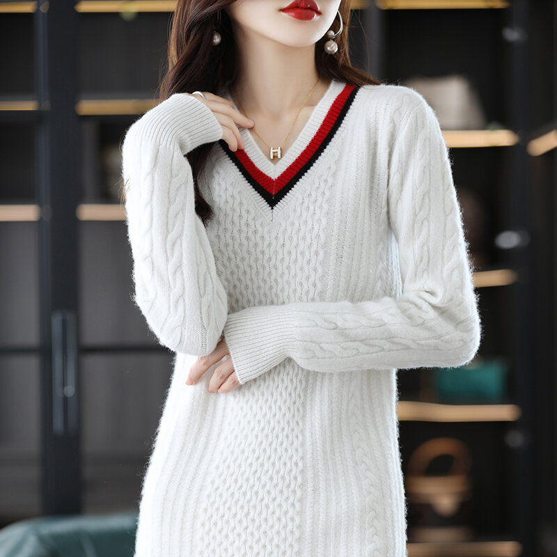 2022 Autumn And Winter New Fashion Ladies V-neck Knitted Sweater Dress 100% Wool Loose Comfortable Mid-length Package Hip Dress