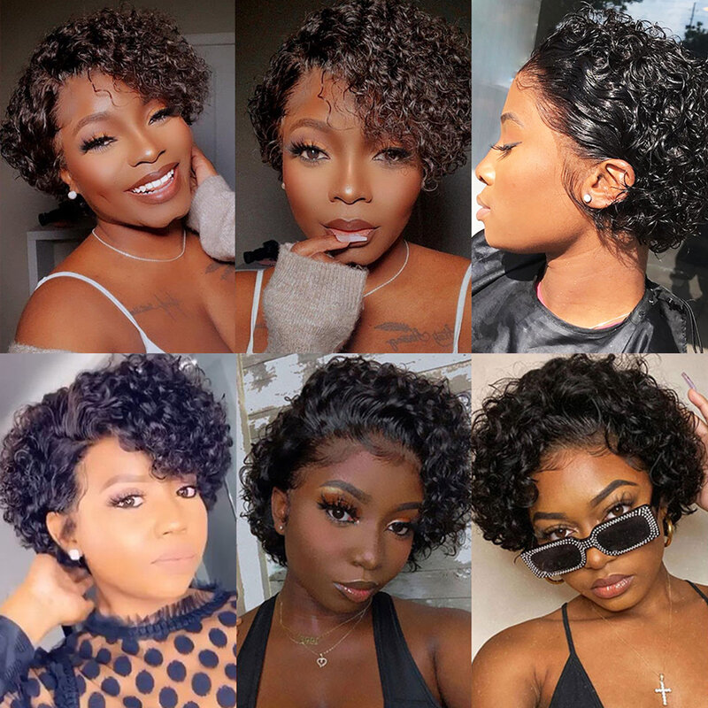 Short Curly Lace Pixie Cut Human Hair Wig with Baby Hair Side Part 13*1 Lace Frontal Wig For Women 150% Density Bob Wigs