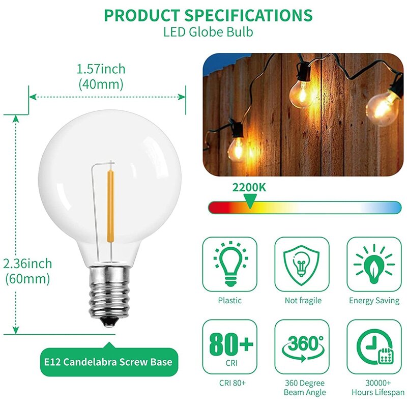 G40 Led Replacement Light Bulbs, E12 Screw Base Shatterproof LED Globe Bulbs Light For Solar String Lights Warm White