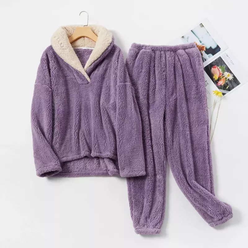 Conjunto de pijama de lana de Coral para mujer, ropa de dormir de franela gruesa, servicio a domicilio, Otoño e Invierno