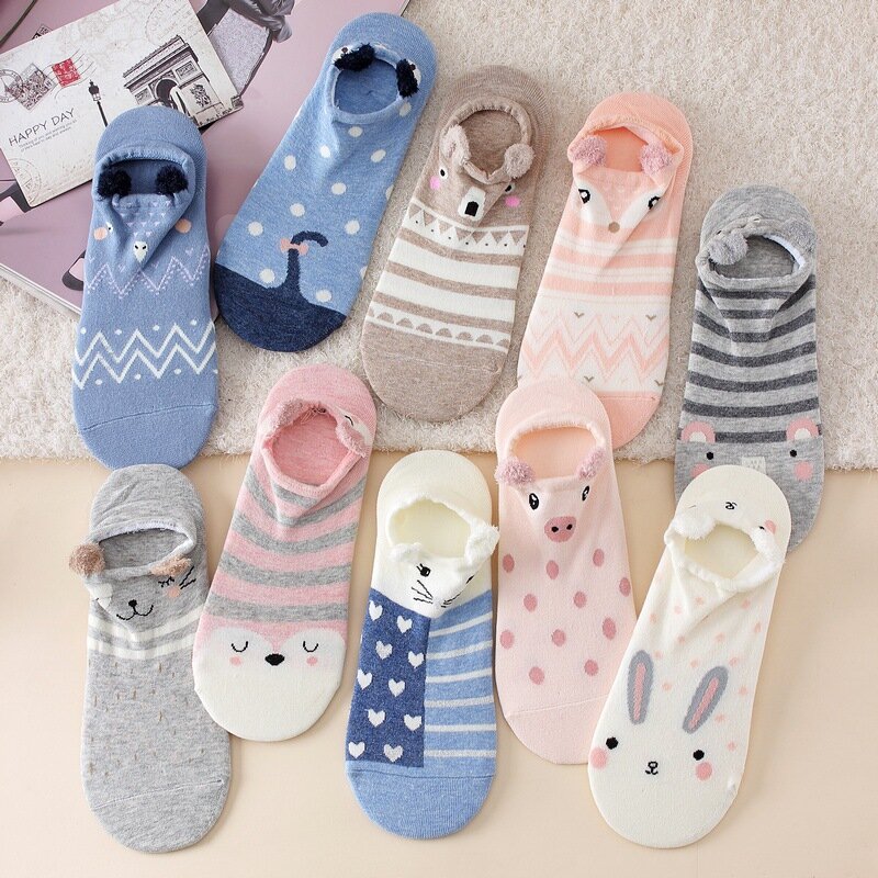 Chaussettes courtes en fil de plumes de dessin animé, mignonnes, Animal chat chien, Kawaii, décontractées, en coton doux, pantoufles de bateau, chaussettes fines de printemps et d'été