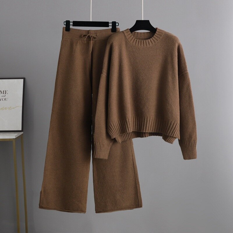 2022 Musim Gugur Musim Dingin Mode Kasual Rajutan Setelan Celana Wanita Versi Korea Longgar Sweter Lebar Kaki Celana Celana Panjang Dua Potong Set