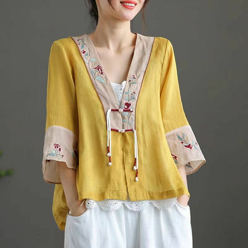 여성용 반팔 자수 얇은 가디건, 중국 전통 의상, 버클 루즈 셔츠, V넥 상의, 여름 신상