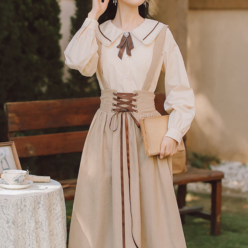 HOUZHOU-귀여운 긴 소매 피터팬 칼라 빈티지 보우 셔츠 여성용, 우아한 로리타 블라우스, 가을 학교 셔츠