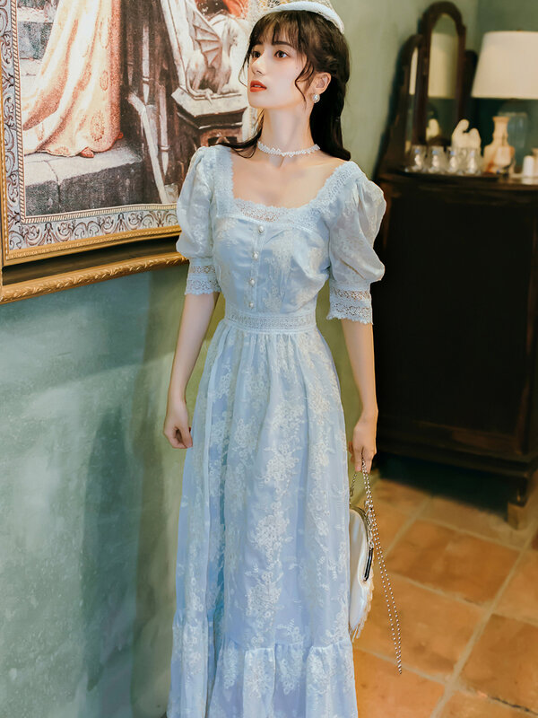 2022new doce menina macia uma linha vestido de verão rendas bordados botão decoração vestidos de festa francês pescoço quadrado vintage vestido feminino