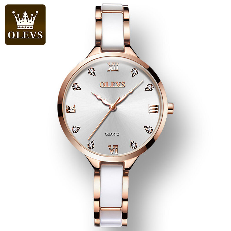OLEVS Stainless Steel Strap Fashion Watch for Women Waterproof Quartz Ceramics High Quality Women Wristwatches