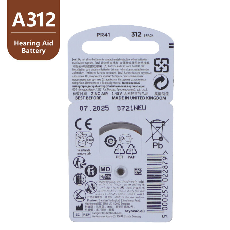 Bateria de ar do zinco de 312a a312 pr41 para próteses auditivas de ric oe de bte cic baterias 60 pces/10 cartões rayovac pico 1.45v 312