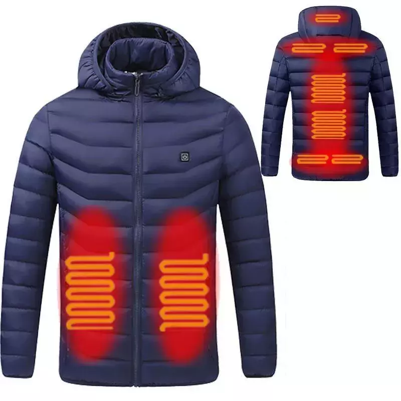Jaket Hangat Musim Dingin Dipanaskan 9 Tempat untuk Pria Jaket dengan Bantalan Pemanas USB Termostat Pintar Warna Murni Pakaian Bertopi Tahan Air