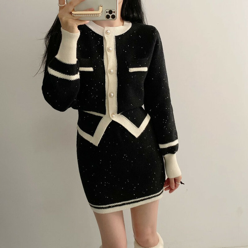 Vintage 2 Piece Sets Womens Outfits 2023 New Fashion Knitted Long Sleeve Button Up Cardigan Tops Casual Mini Skirt Sets