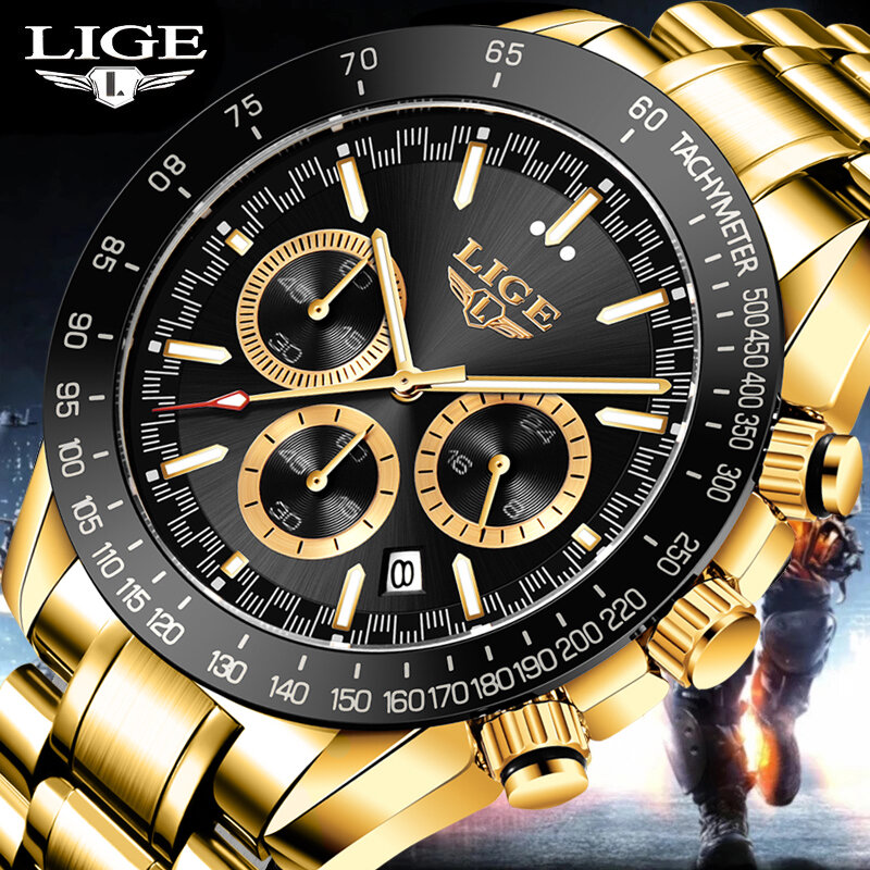 Lige-メンズスポーツウォッチ,メンズ腕時計,ゴールド,クォーツ,耐水性,ビジネス,ニューコレクション2022