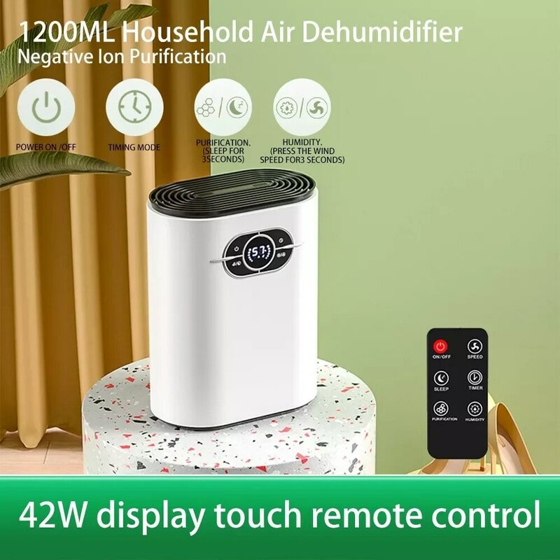 Deshumidificador portátil de 42W con Control remoto para el hogar, deshumidificador de aire pequeño, purificación de iones negativos, deshumidificador