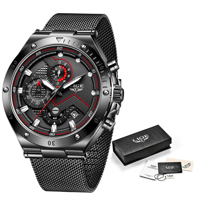 LIGE – montre de Sport à Quartz pour homme, accessoire de luxe, étanche, avec grand cadran, tout en acier, style militaire