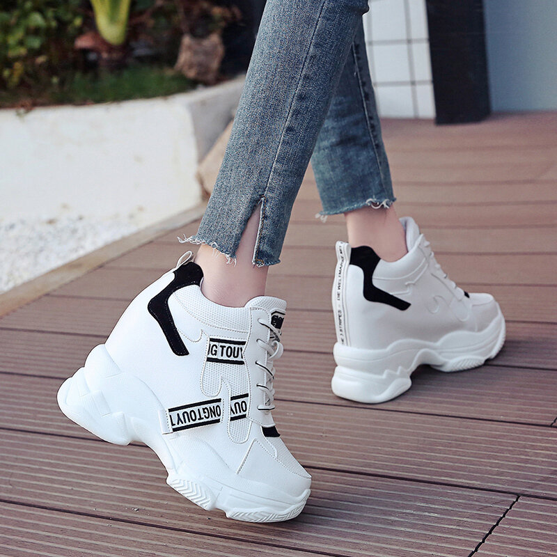 Sepatu Trendi Putih 2020 Sneakers Atas Tinggi Wanita Sepatu Bot Pergelangan Kaki Platform Wanita Sepatu Peningkatan Tinggi Wanita Sepatu Chaussures Wanita