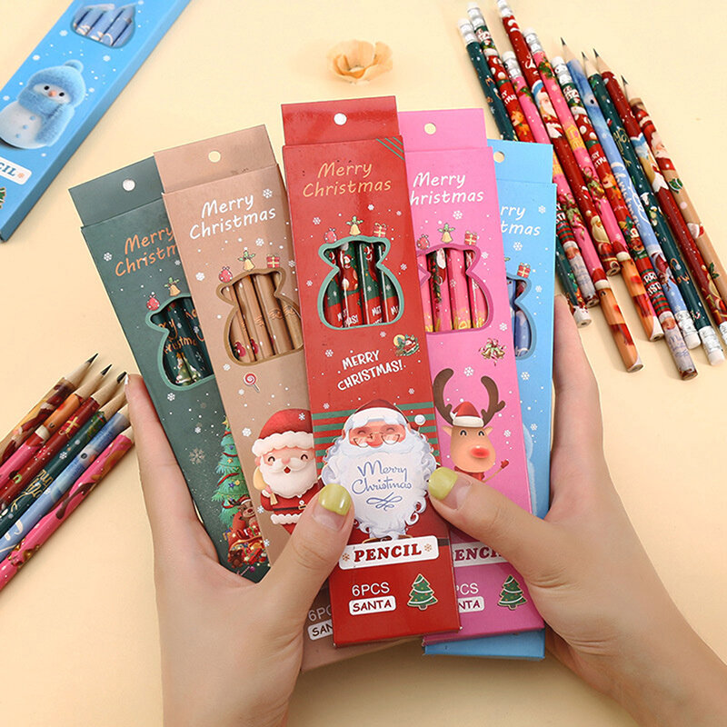 6pcs/Lot Christmas Boxed Pencils Student Writing Drawing Sketch Pen Set Wooden HB with Rubber Stationery