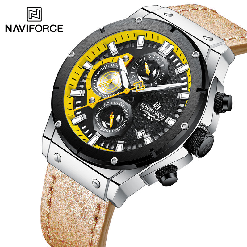 NAVIFORCE jam tangan pria Quartz, jam tangan modis mewah anti air Vintage tali kulit, jam tangan bercahaya