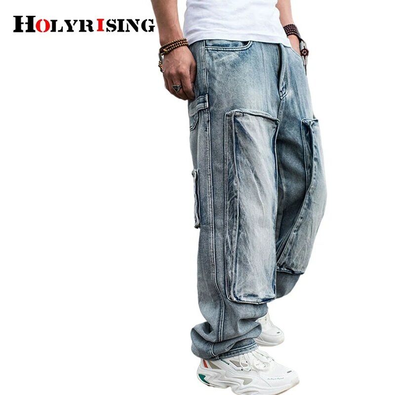 سروال جينز فضفاض للرجال من HOLYRISING بنطال جينز هيب هوب طويل كامل فضفاض بأرجل واسعة لفصل الربيع والخريف موديل Nz243