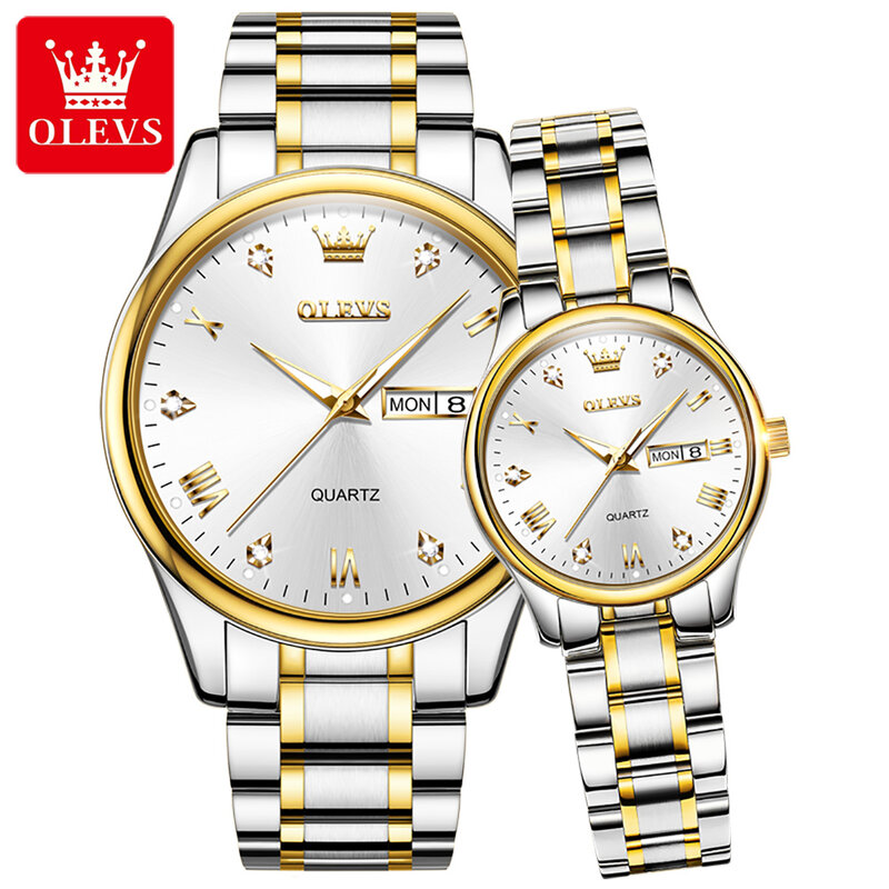 Moda Olevs Marca Aço Inoxidável Strap Watch Para Casal Impermeável Quartz Golden Diamond-incrustado Couplewristwatch Luminous