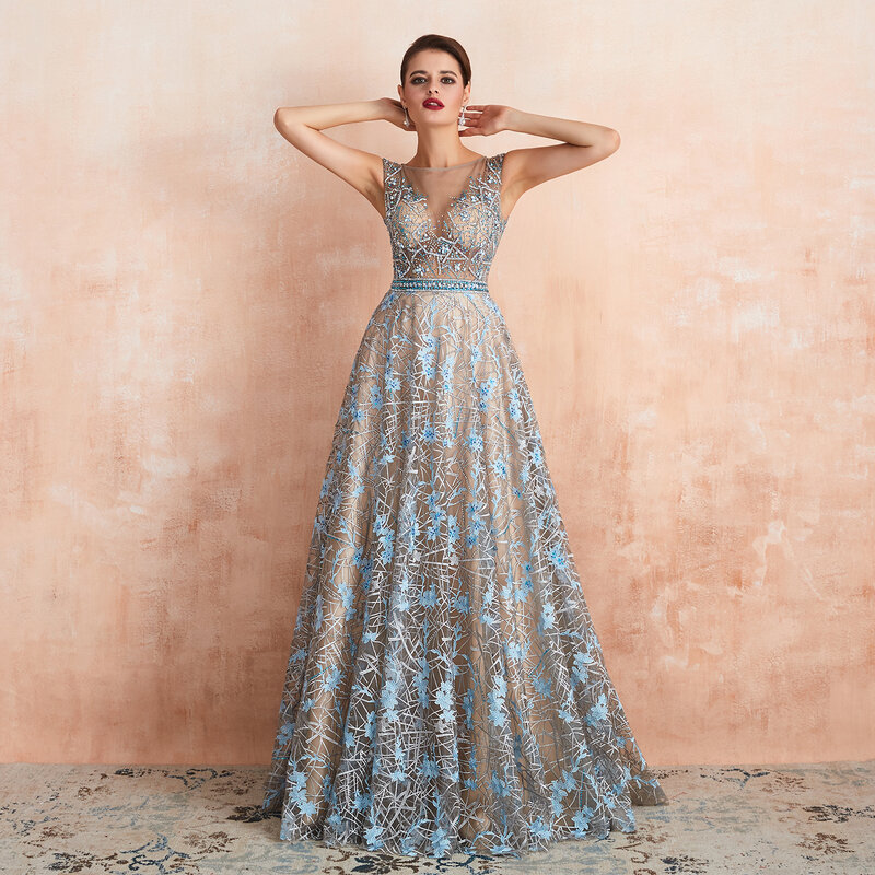 Paffas Crystal Beaded Tulle Prom Dresses Long Evening Lace Appliques scollo a V abito da festa arabo saudita