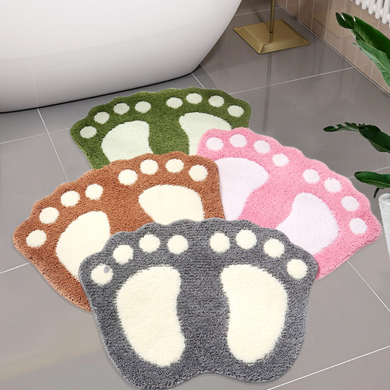 Bath Mat Soft Absorbent Flocking Non Slip Shaggy Bathroom Fashion Cute Footprints Shape Bathtub Side Foot Pad Home Decor Mat
