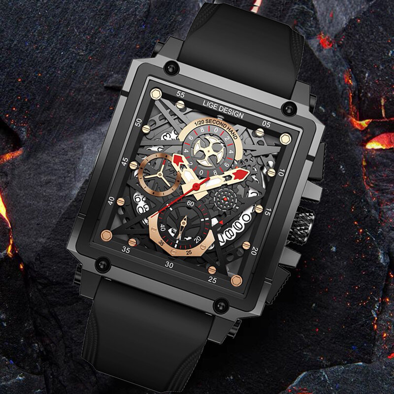 LIGE – montre de Sport décontractée pour hommes, marque de luxe, militaire, en Silicone, horloge rectangulaire, chronographe