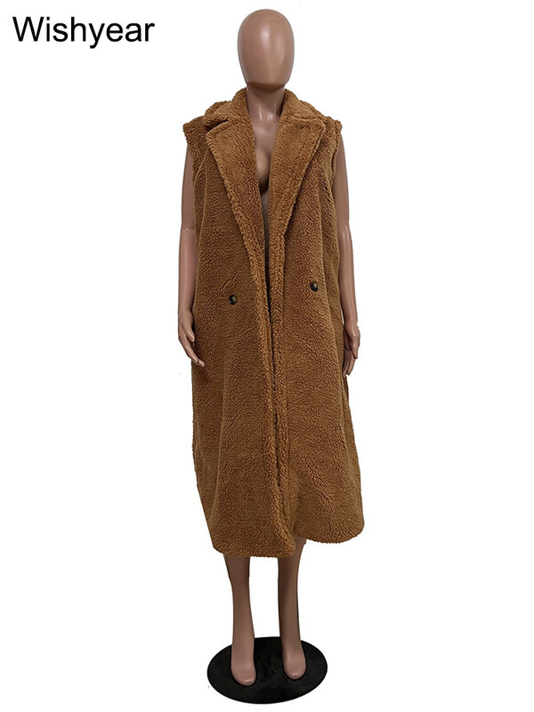 Elegancka, długa kamizelka kamizelka kardigan dla kobiet zimowe ciepłe oversize bez rękawów ze sztucznego futra pluszowa kurtka kamizelka Streetwear
