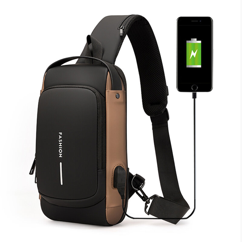 Bolso de pecho de moda para hombre, bolsa de cinta antirrobo, mochila portátil con puerto de carga USB, bandolera de PU para deportes al aire libre