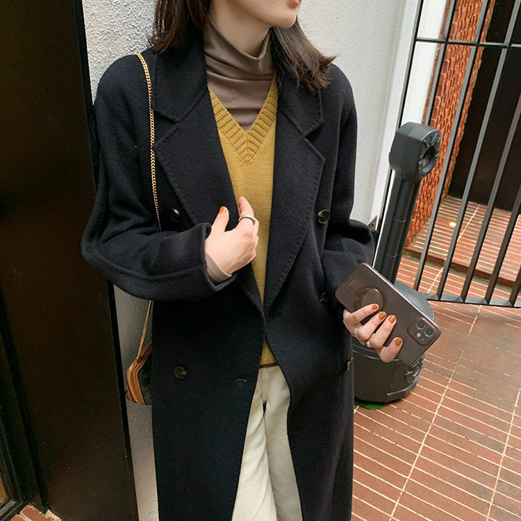 Outono e inverno coreano de alta qualidade casaco de lã 2022 novo feminino clássico camelo duplo breasted solto ajuste médio longo casaco de lã