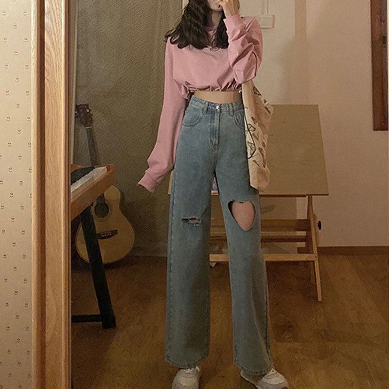 Jeans a vita alta con foro a cuore Jeans neri per mamma 2021 pantaloni a figura intera da donna Harajuku Streetwear Vintage Y2k pantaloni in Denim coreano